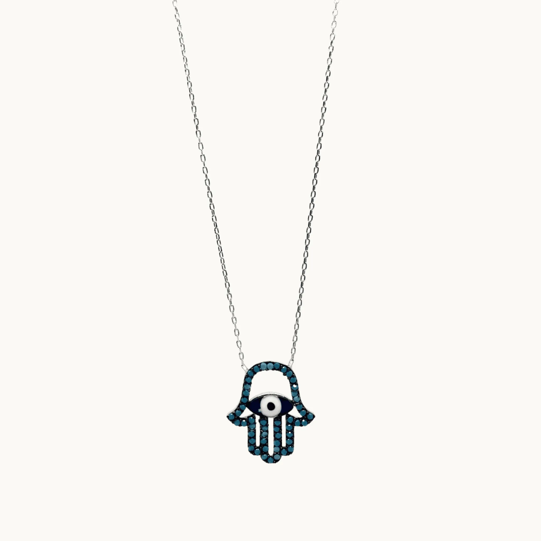 Sterling Silver Mediterranean Hamsa Hand and Turkish Eye (Evil Eye) Pendant