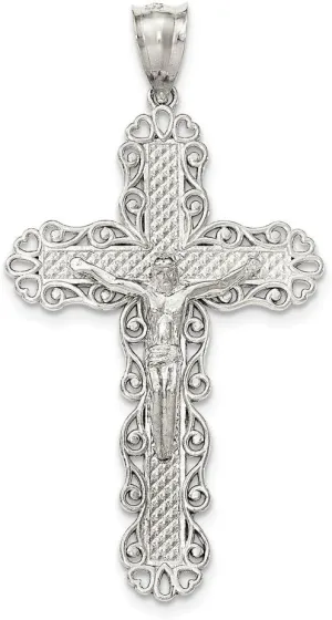 Sterling Silver Polished & Textured Large Floral Cross w/Jesus Pendant