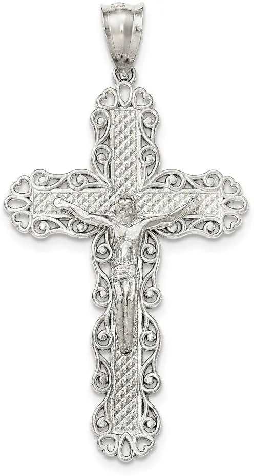 Sterling Silver Polished & Textured Large Floral Cross w/Jesus Pendant