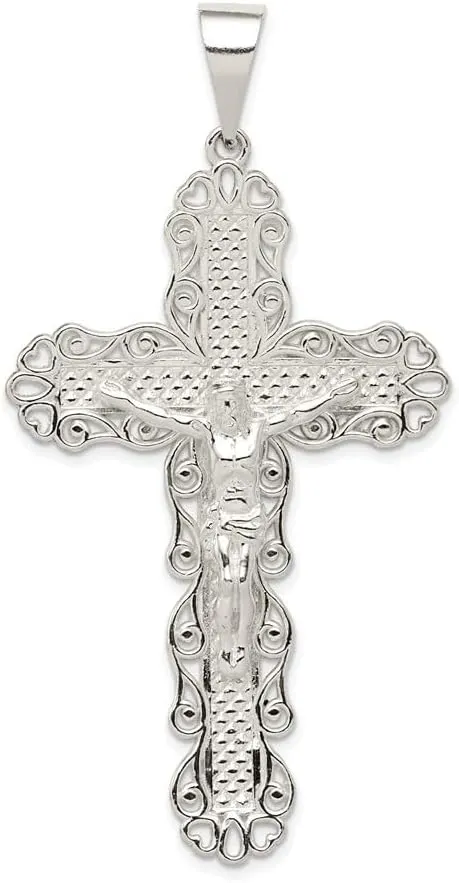 Sterling Silver Polished and Textured Large Floral Cross with Jesus Pendant