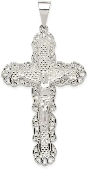 Sterling Silver Polished and Textured Large Floral Cross with Jesus Pendant
