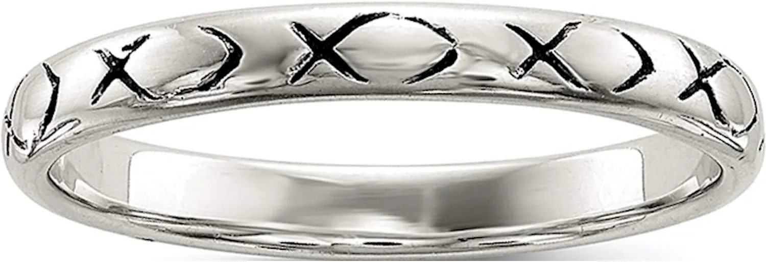 Sterling Silver Rhodium-Plated Polished Antiqued Ichthus Ring - Jewelry By Sweet Pea