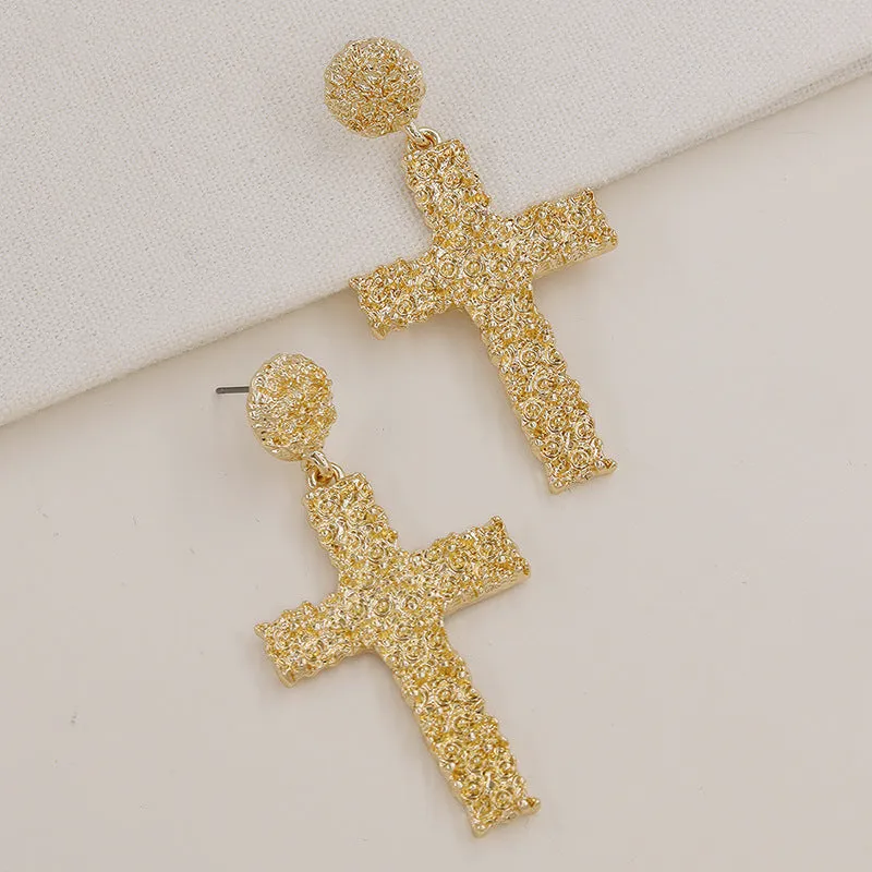 Sun-Kissed Metallic Cross Earrings - Trendy European & American Chic
