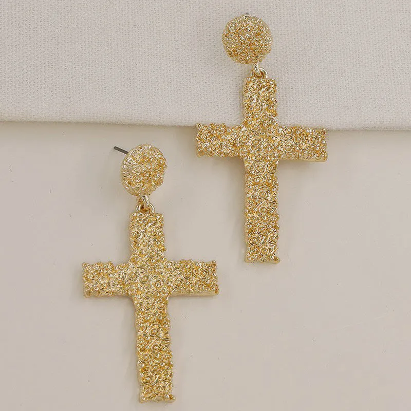 Sun-Kissed Metallic Cross Earrings - Trendy European & American Chic