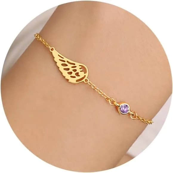 Sympathy Gifts for Loss of Loved One Birthstone Bracelets for Women 14K Gold Plated Angel Wing Memory Bracelet Sorry for Your Loss Gifts Memorial Protection Remembrance Birthday Jewelry