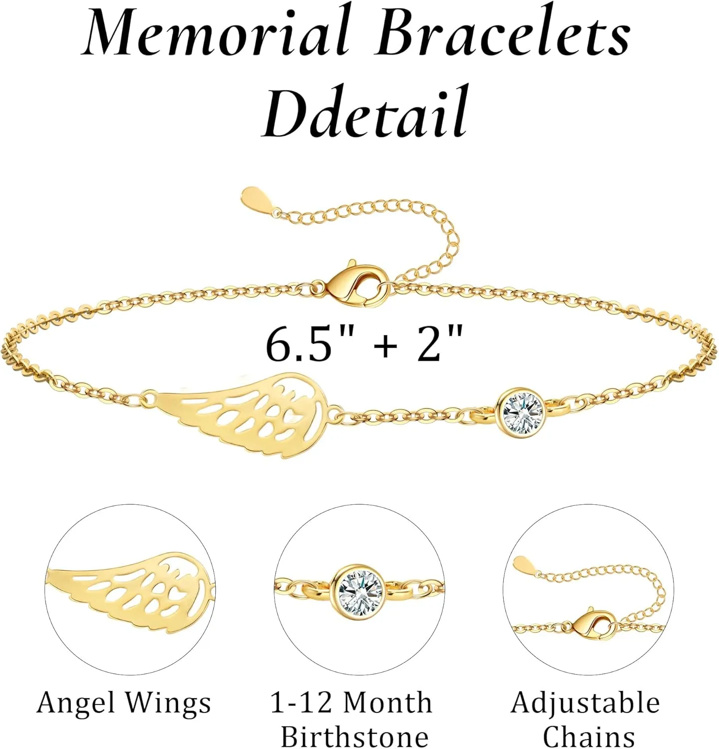 Sympathy Gifts for Loss of Loved One Birthstone Bracelets for Women 14K Gold Plated Angel Wing Memory Bracelet Sorry for Your Loss Gifts Memorial Protection Remembrance Birthday Jewelry