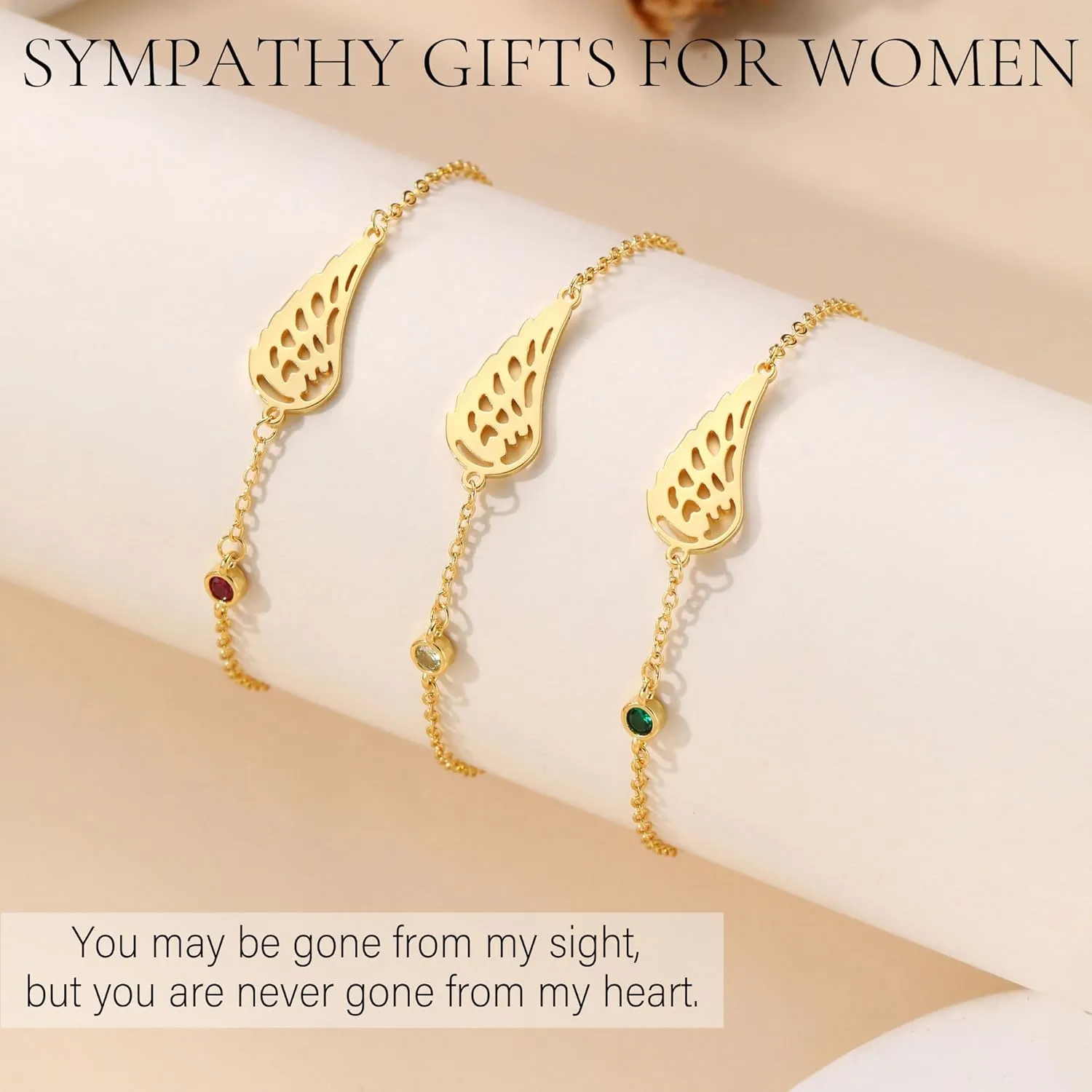 Sympathy Gifts for Loss of Loved One Birthstone Bracelets for Women 14K Gold Plated Angel Wing Memory Bracelet Sorry for Your Loss Gifts Memorial Protection Remembrance Birthday Jewelry