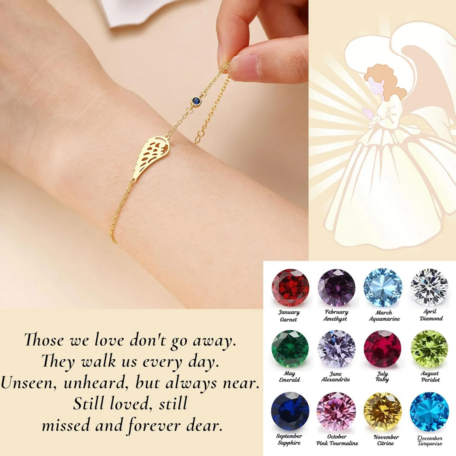 Sympathy Gifts for Loss of Loved One Birthstone Bracelets for Women 14K Gold Plated Angel Wing Memory Bracelet Sorry for Your Loss Gifts Memorial Protection Remembrance Birthday Jewelry