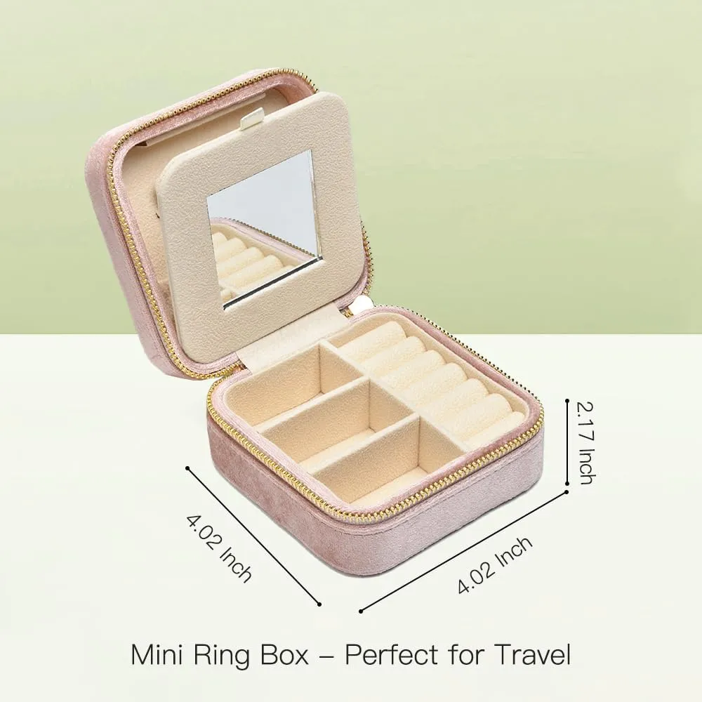 TAIMY Travel Jewelry Case,Small Plush Velvet Travel Jewelry organizer,Portable Mini Travel Jewelry Boxes for Rings Earrings Necklaces Bracelets(Blush Peach,with Mirror)