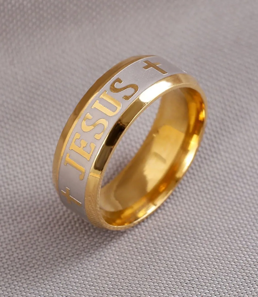 Tanyoyo 8MM stainless steel Gold Plated Jesus Cross Ring Size 6-14