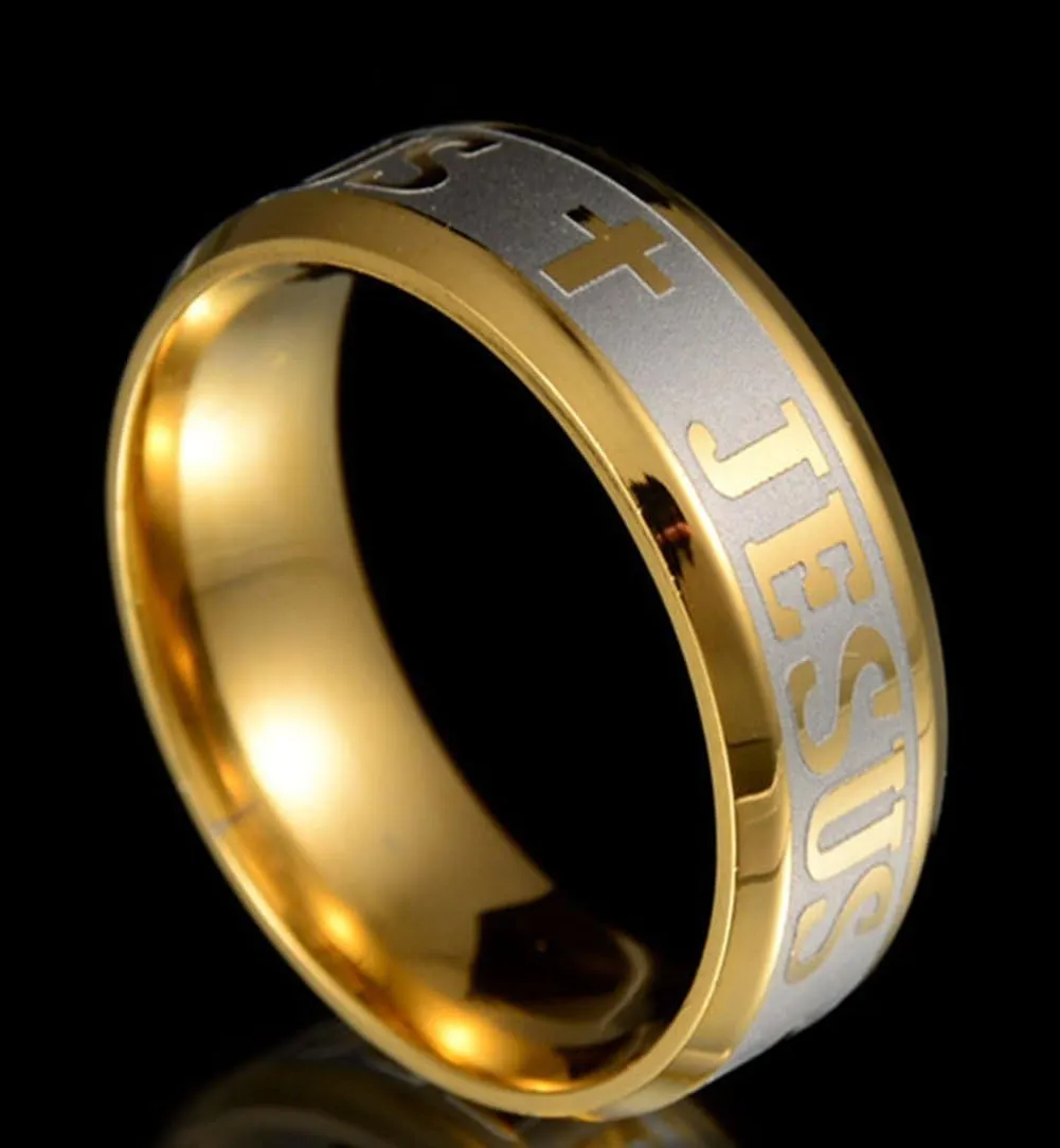 Tanyoyo 8MM stainless steel Gold Plated Jesus Cross Ring Size 6-14