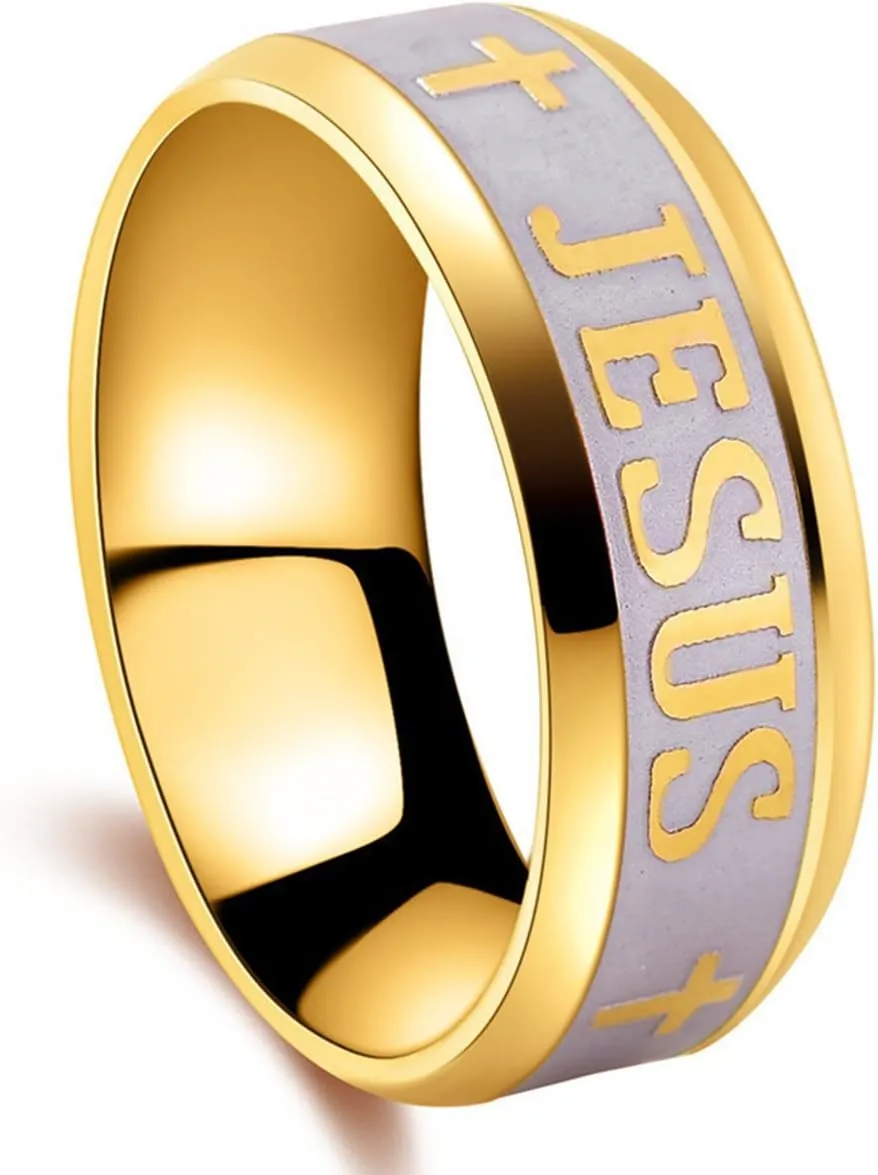 Tanyoyo 8MM stainless steel Gold Plated Jesus Cross Ring Size 6-14
