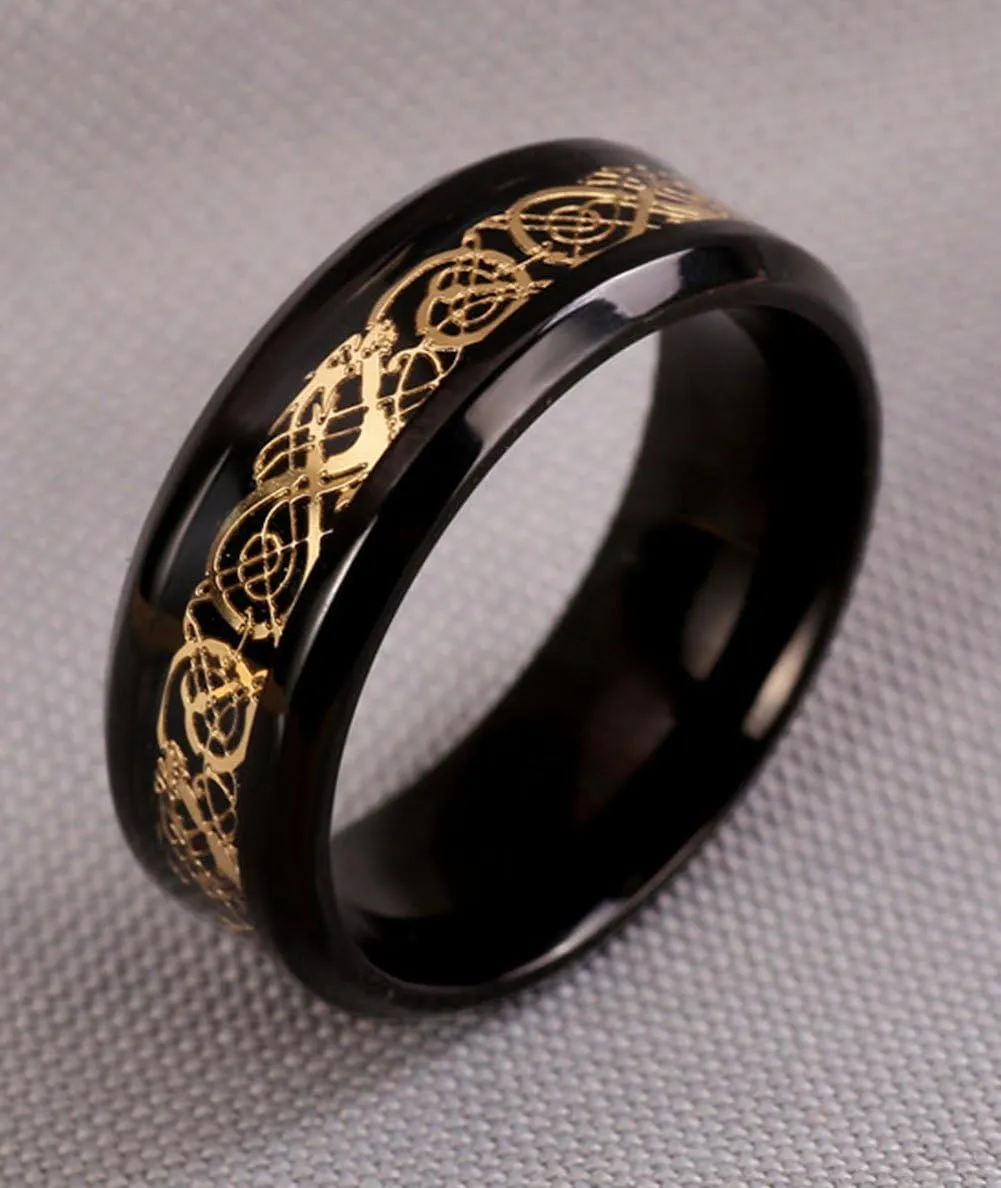 Tanyoyo Black Gold Celtic Dragon stainless steel Ring Wedding Band Jewelry Size 7-14
