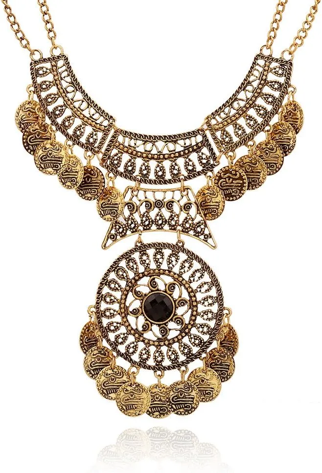 Tassel Engraved Coin Bib Black Gemstone Necklace for Women Punk Vintage Ethnic Boho Gothic Collar Choker Statement Exaggerated Fashion Bohemian Clavicle Necklaces Jewelry Gift