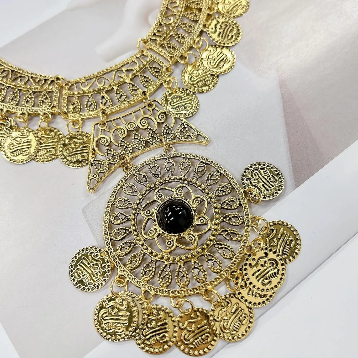 Tassel Engraved Coin Bib Black Gemstone Necklace for Women Punk Vintage Ethnic Boho Gothic Collar Choker Statement Exaggerated Fashion Bohemian Clavicle Necklaces Jewelry Gift