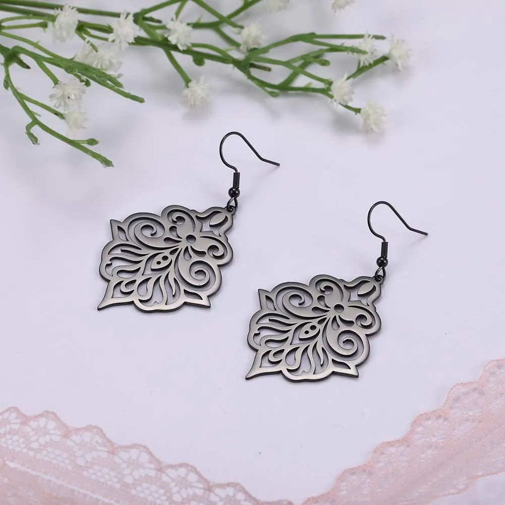 TEAMER Vintage Filigree Flower Earrings Stainless Steel Dangle Drop Flower Earrings Elegant Jewelry for Women