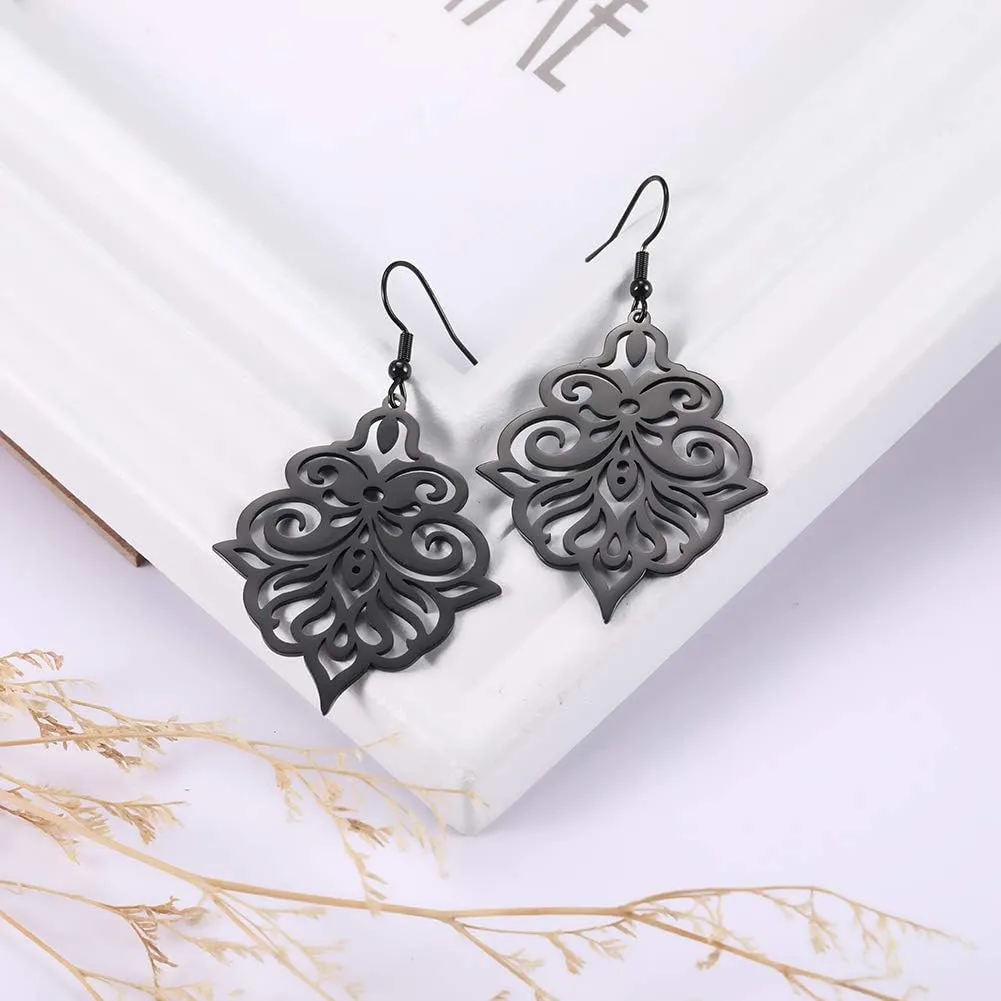 TEAMER Vintage Filigree Flower Earrings Stainless Steel Dangle Drop Flower Earrings Elegant Jewelry for Women