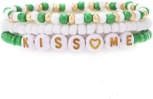 tenghong2021 Handmade Fashion St.Patricks Day Bracelets 3 Pcs Stackable Lucky Leaf Shamrock Charm Irish Green Clover Beaded Bracelet for Women Friendship Boho Unique Jewelry