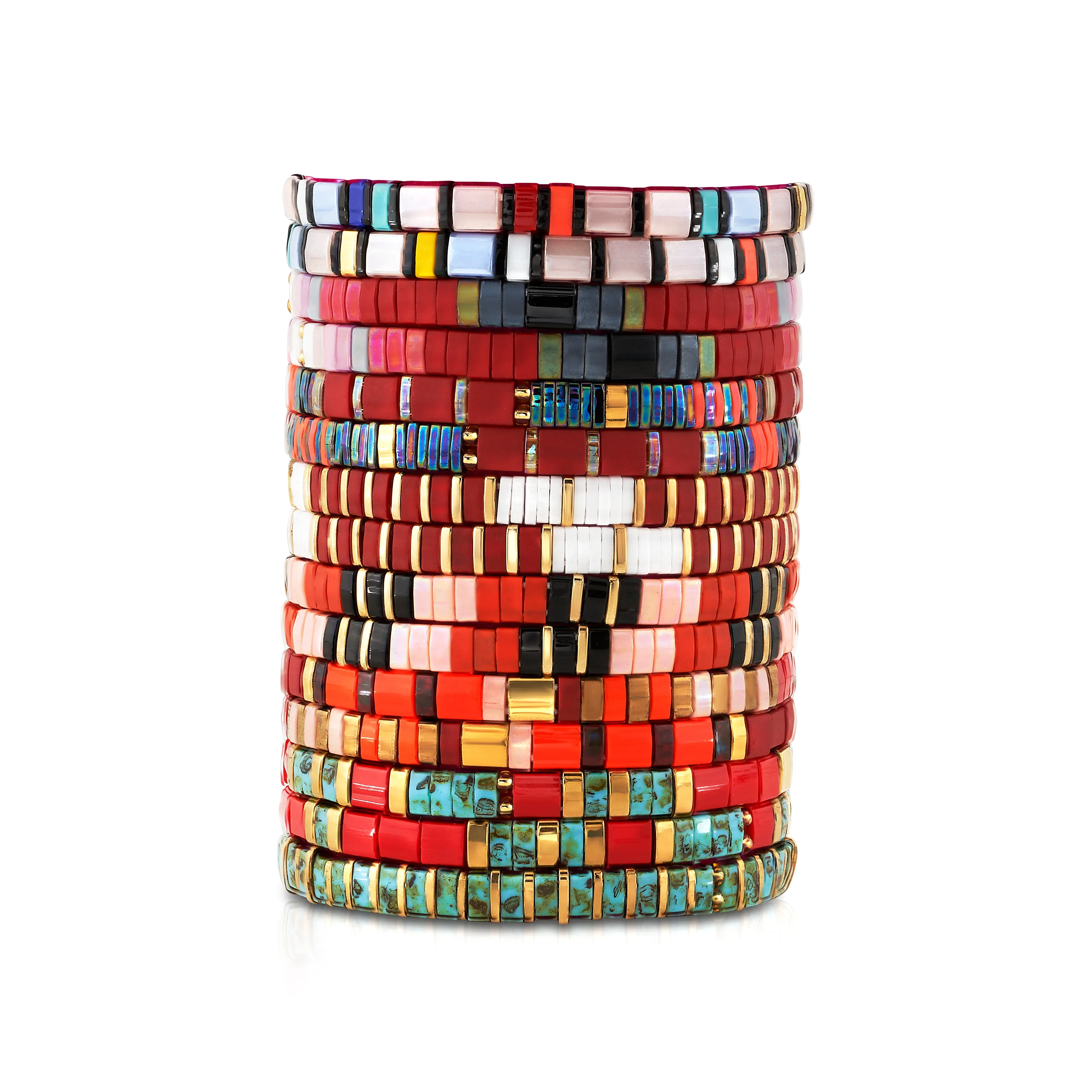 THIN GLASS BEADED STRETCH BRACELET, RED MULTI
