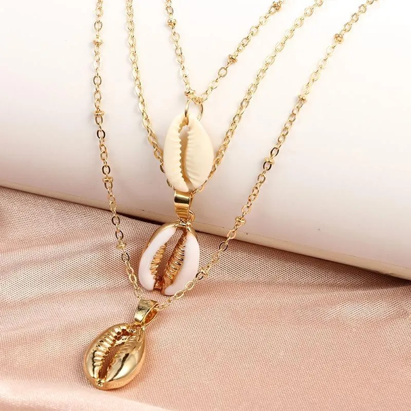 Three Layers Shell Pendant Necklace Natural Shell Gold Cowrie Women Necklace Bohemian Jewelry