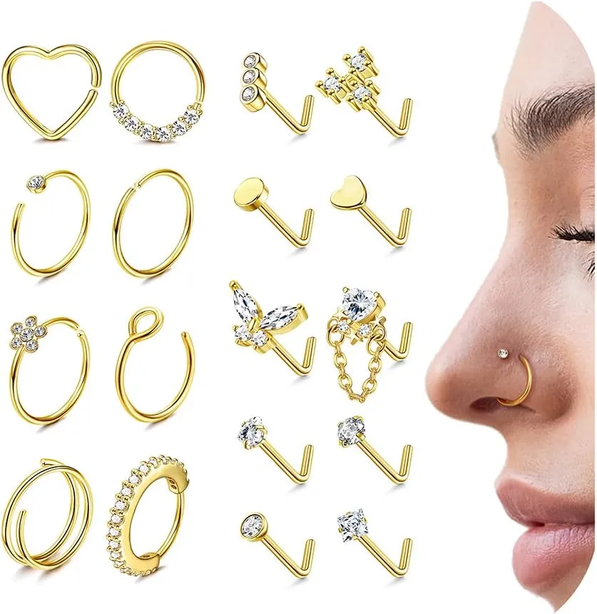 THUNARAZ 14K Gold Filled Nose Rings Hoop L Shape Nose Studs 18G 20G Stainless Steel Nose Stud Screw Round CZ Heart Simulated Diamond Hypoallergenic Nostril Piercing Jewelry for Women Men Silver Gold