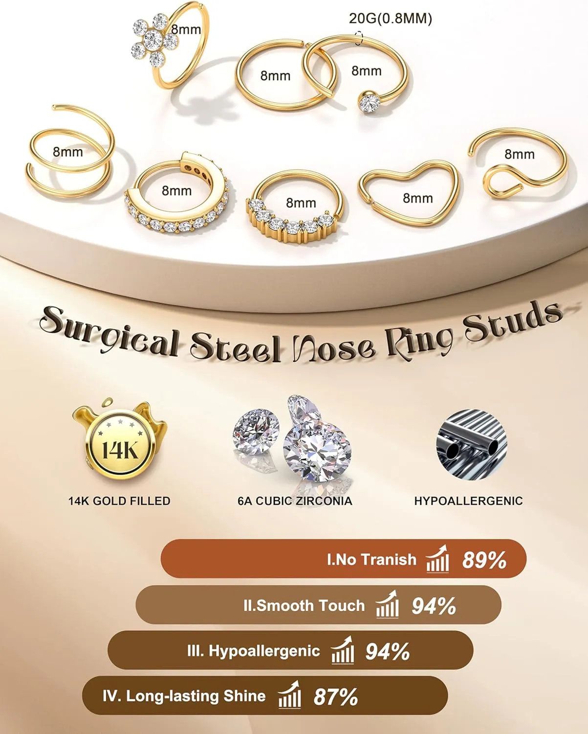 THUNARAZ 14K Gold Filled Nose Rings Hoop L Shape Nose Studs 18G 20G Stainless Steel Nose Stud Screw Round CZ Heart Simulated Diamond Hypoallergenic Nostril Piercing Jewelry for Women Men Silver Gold