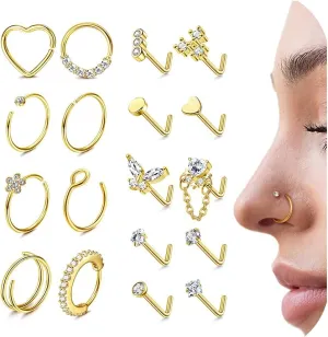 THUNARAZ 14K Gold Filled Nose Rings Hoop L Shape Nose Studs 18G 20G Stainless Steel Nose Stud Screw Round CZ Heart Simulated Diamond Hypoallergenic Nostril Piercing Jewelry for Women Men Silver Gold