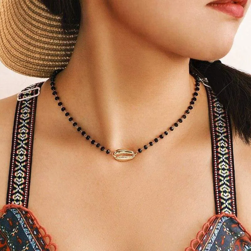Tocona Charms Black Beaded Necklace Gold Beach Bohemian Shell Chockers Women Summer Jewelry A13102 (A13102)