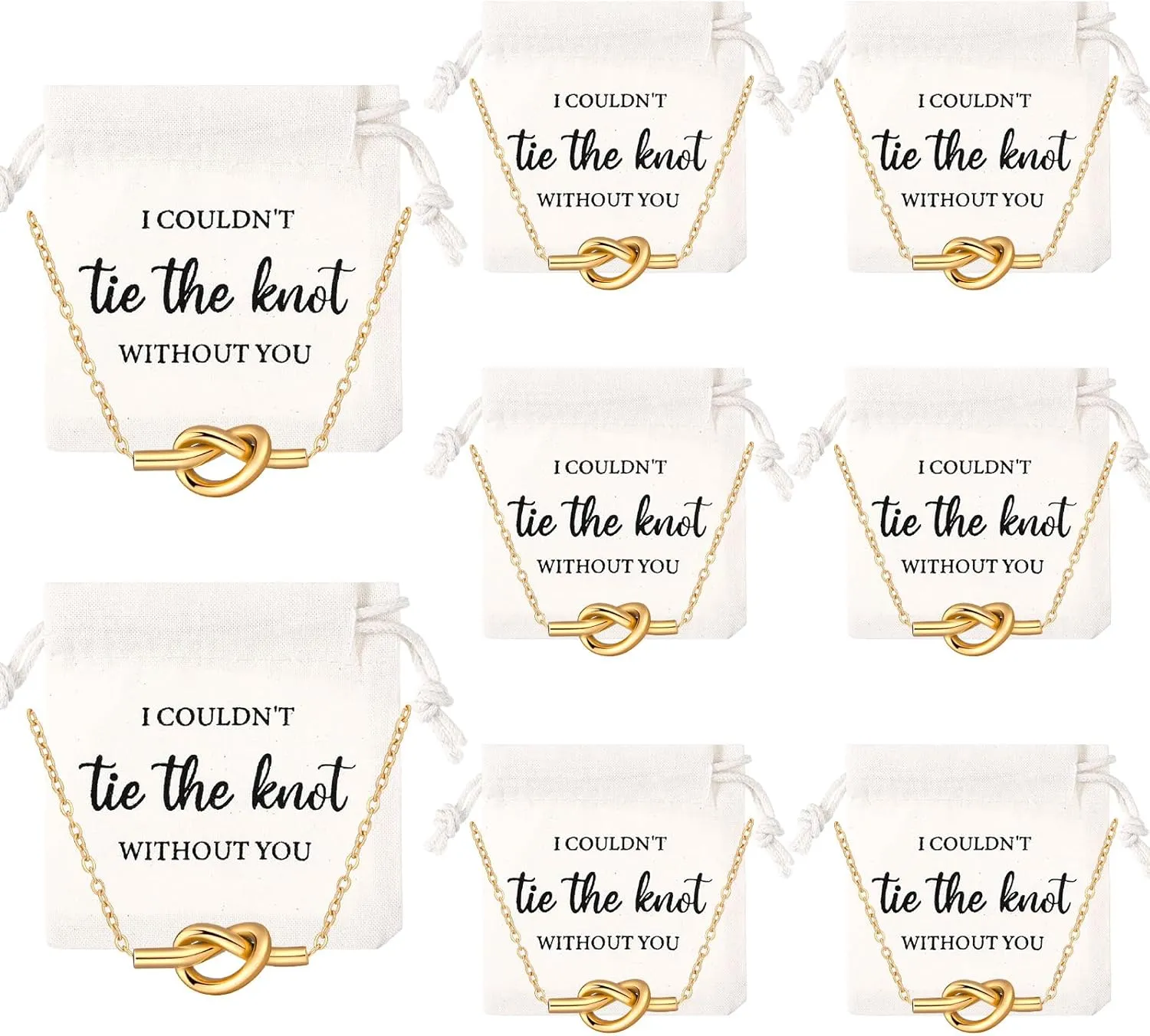 Tondiamo 8 Sets Bridesmaids Proposal Gifts Bridesmaids Pendant Necklace and Linen Cotton Small Drawstring Bags I Couldn't Tie the Knot Without You Jewelry Gifts for Wedding Bridal Party Favors