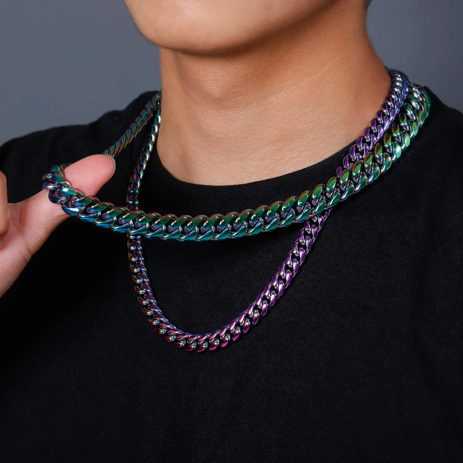 TOPGRILLZ Colorful Cuban Link Necklace 10,14mm Stainless Steel Solid Rainbow Gold Silver Hip Hop Miami Cuban Chunky Thick Chain Necklace For Men Women
