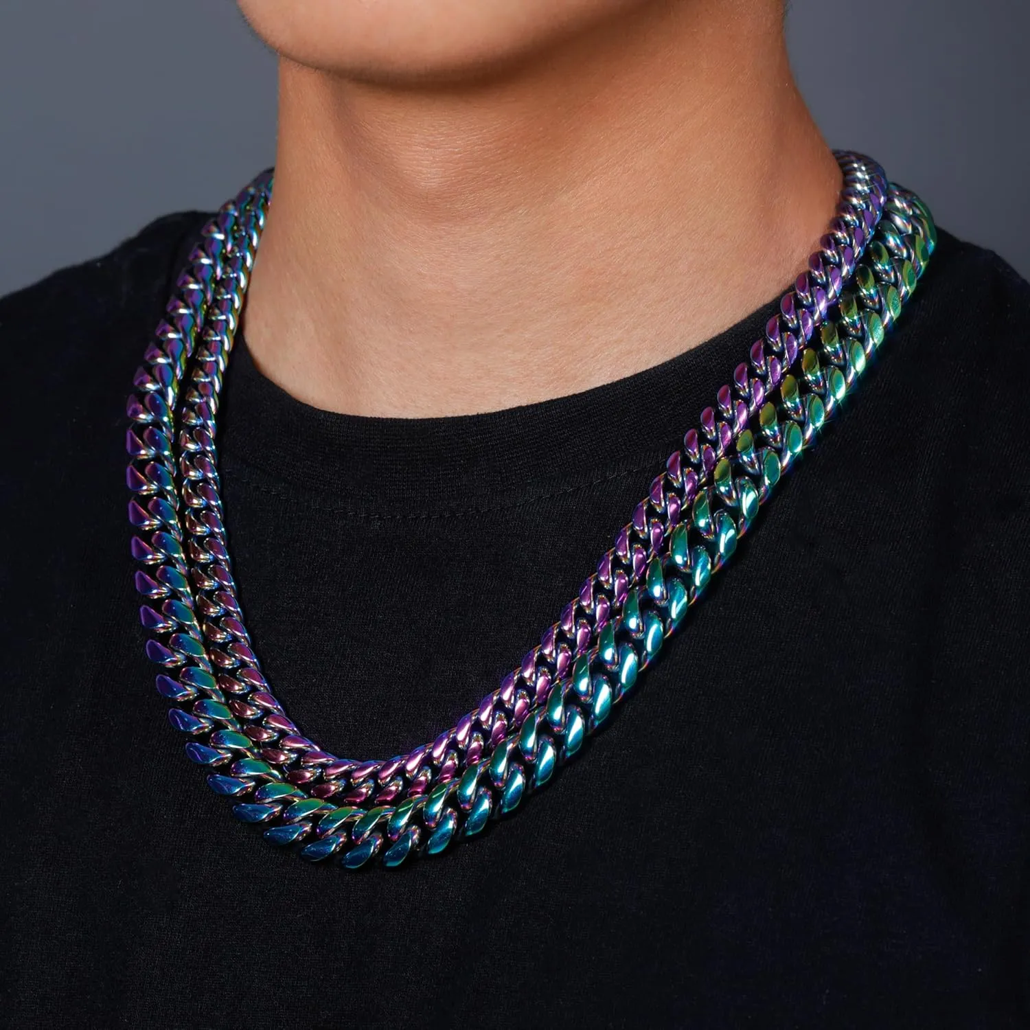 TOPGRILLZ Colorful Cuban Link Necklace 10,14mm Stainless Steel Solid Rainbow Gold Silver Hip Hop Miami Cuban Chunky Thick Chain Necklace For Men Women