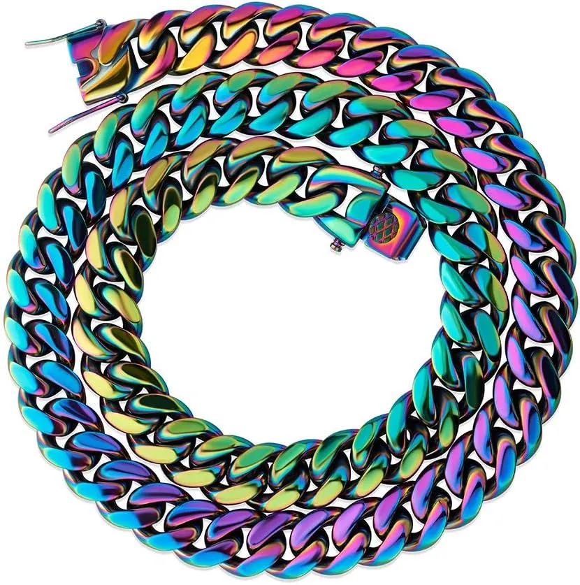 TOPGRILLZ Colorful Cuban Link Necklace 10,14mm Stainless Steel Solid Rainbow Gold Silver Hip Hop Miami Cuban Chunky Thick Chain Necklace For Men Women