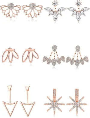 Tornito 6-12 Pairs Lotus Flower Earring Studs Chic CZ Earrings Jackets For Women Silver Rose Gold Tone