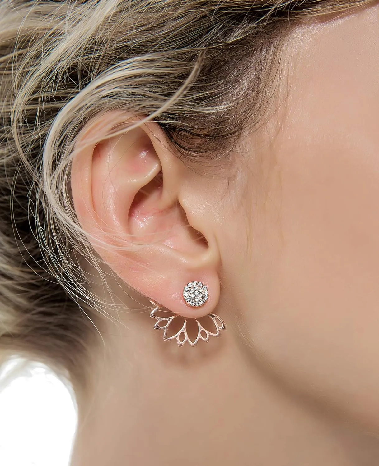 Tornito 6-12 Pairs Lotus Flower Earring Studs Chic CZ Earrings Jackets For Women Silver Rose Gold Tone