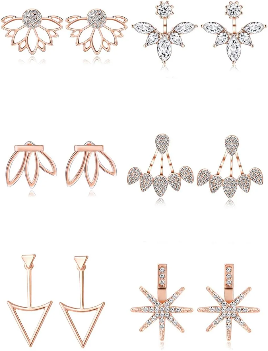 Tornito 6-12 Pairs Lotus Flower Earring Studs Chic CZ Earrings Jackets For Women Silver Rose Gold Tone