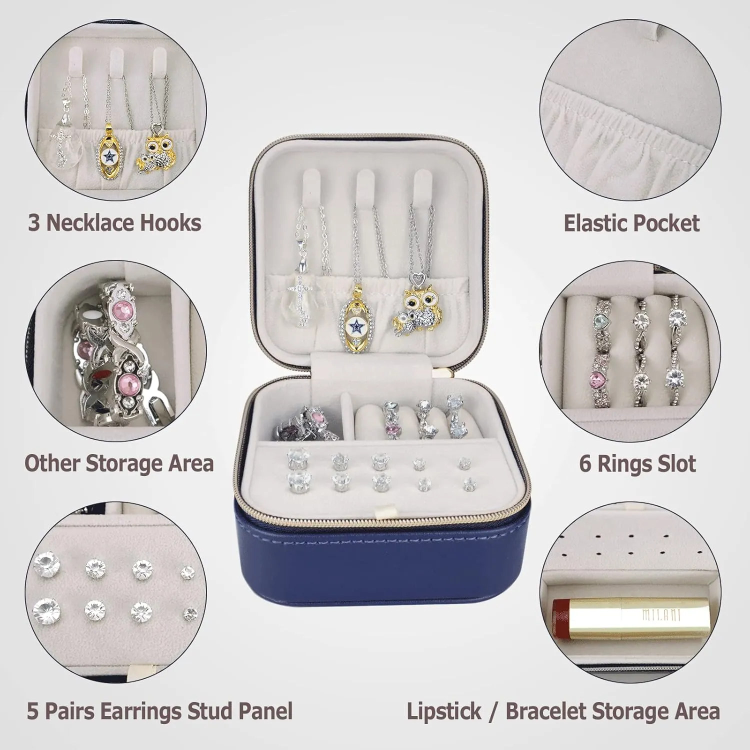 Travel Small Portable Mini Jewelry Case for collection Rings Necklaces Earrings and Lipstick Blue