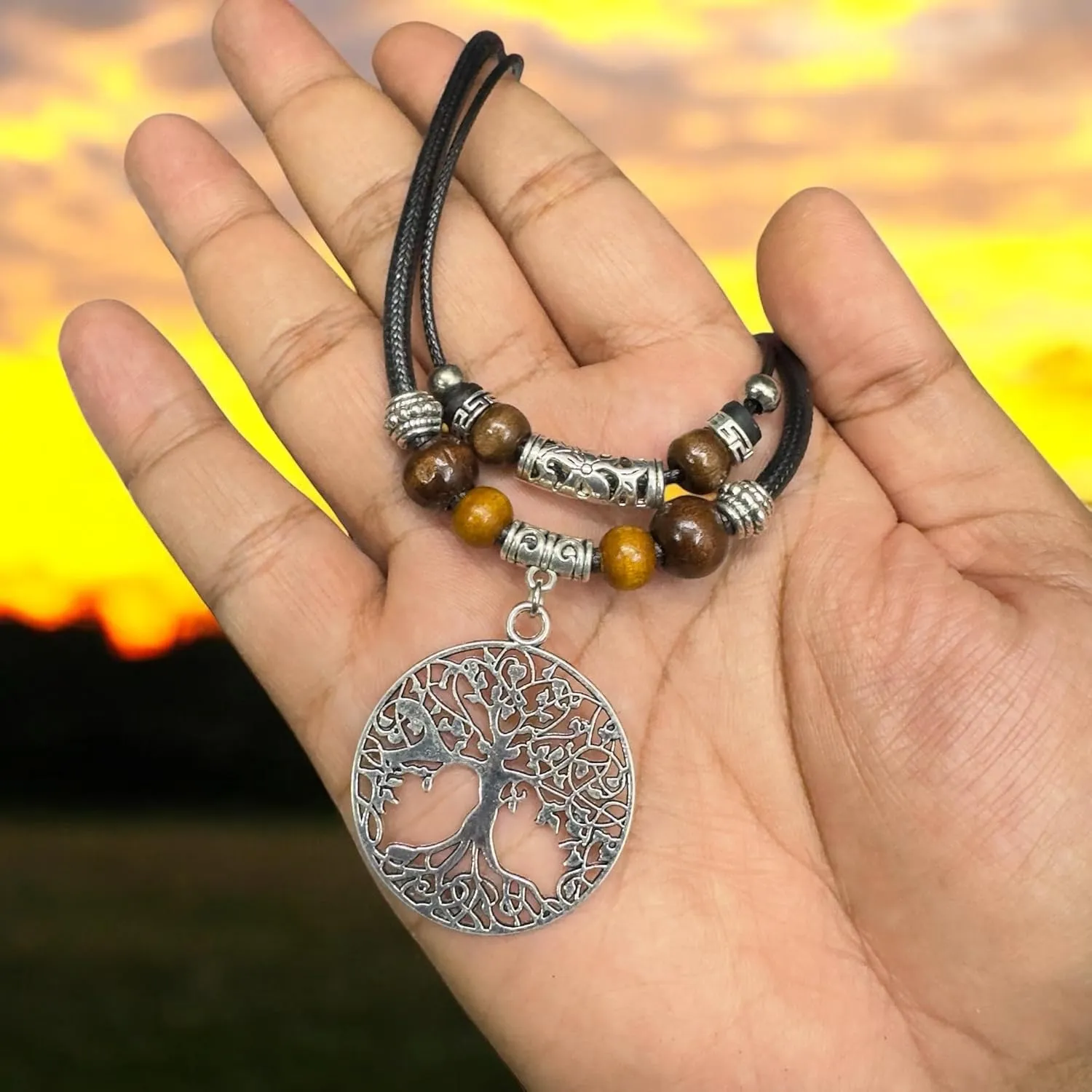Tree of Life Pendant Double Layer Necklace Wood Beaded Jewelry Handmade Necklace Gifts for Mens Womens Wife Her Daughter Mom Grandma
