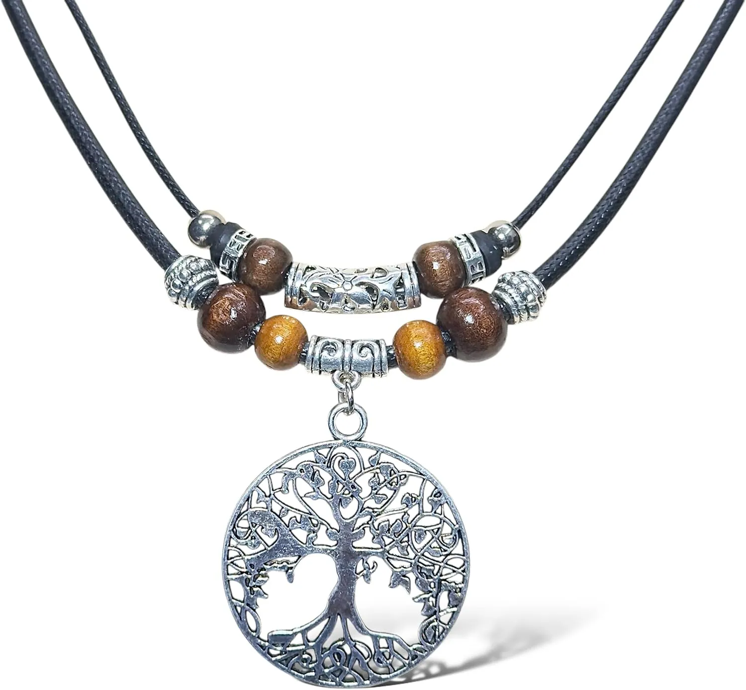 Tree of Life Pendant Double Layer Necklace Wood Beaded Jewelry Handmade Necklace Gifts for Mens Womens Wife Her Daughter Mom Grandma