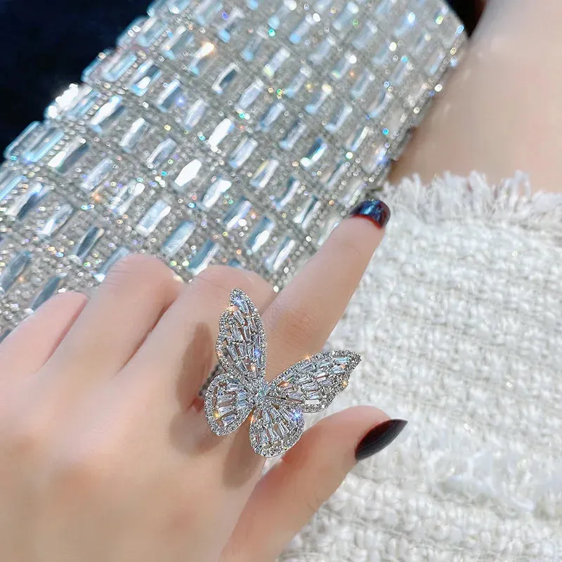 Trendy Shining Butterfly Crystal Acrylic Fashion Hand Accessories Jewelry Ring
