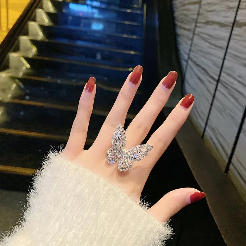 Trendy Shining Butterfly Crystal Acrylic Fashion Hand Accessories Jewelry Ring