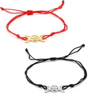 Triple Moon Goddess Bracelet For Men and Women Stainless Steel Unique Hollow Out Style Moon Pentagram Double Rope String Bracelets Amulet Jewelry