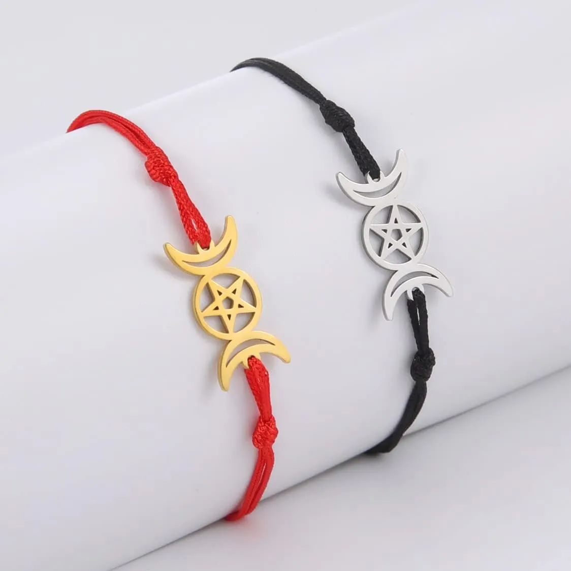 Triple Moon Goddess Bracelet For Men and Women Stainless Steel Unique Hollow Out Style Moon Pentagram Double Rope String Bracelets Amulet Jewelry
