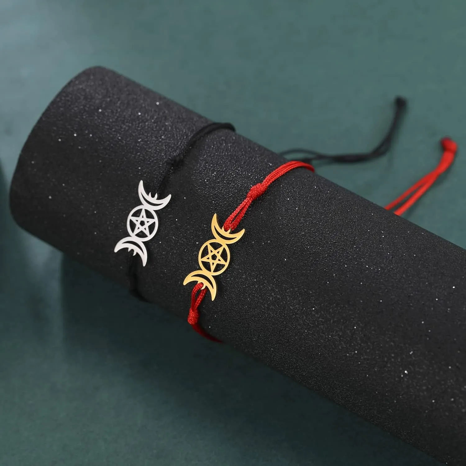 Triple Moon Goddess Bracelet For Men and Women Stainless Steel Unique Hollow Out Style Moon Pentagram Double Rope String Bracelets Amulet Jewelry