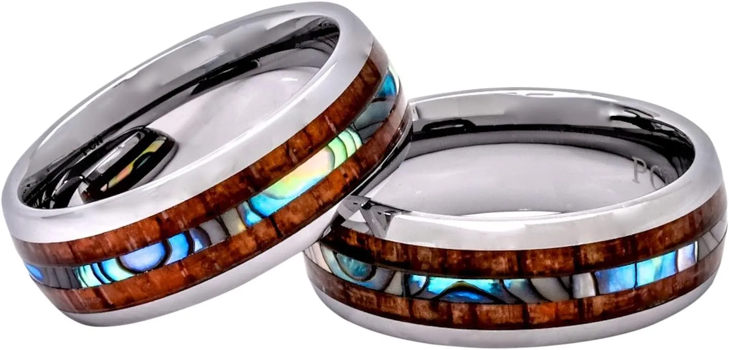Tungsten Ring Hawaiian Koa Wood Abalone 8mm Comfort Fit Band