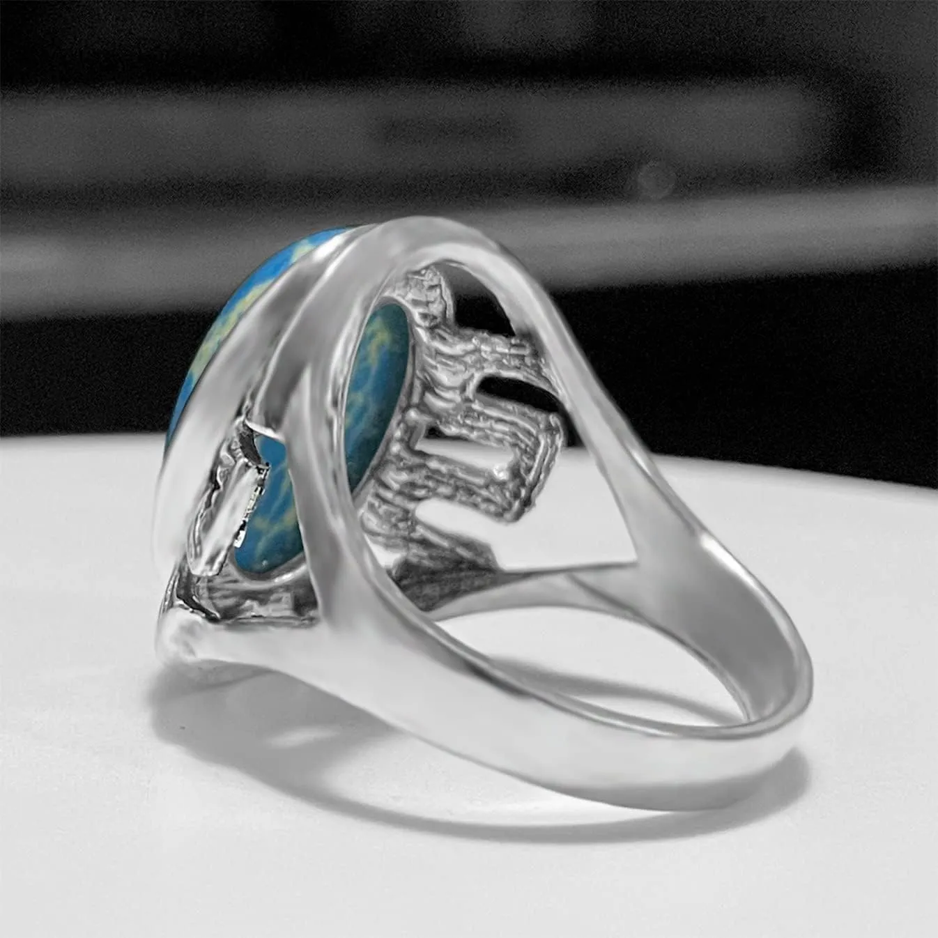 Turquoise Stone Ring for Women Men,Retro Vintage Thick Silver Plated Handmande Gemstone Western Ring Jewelry