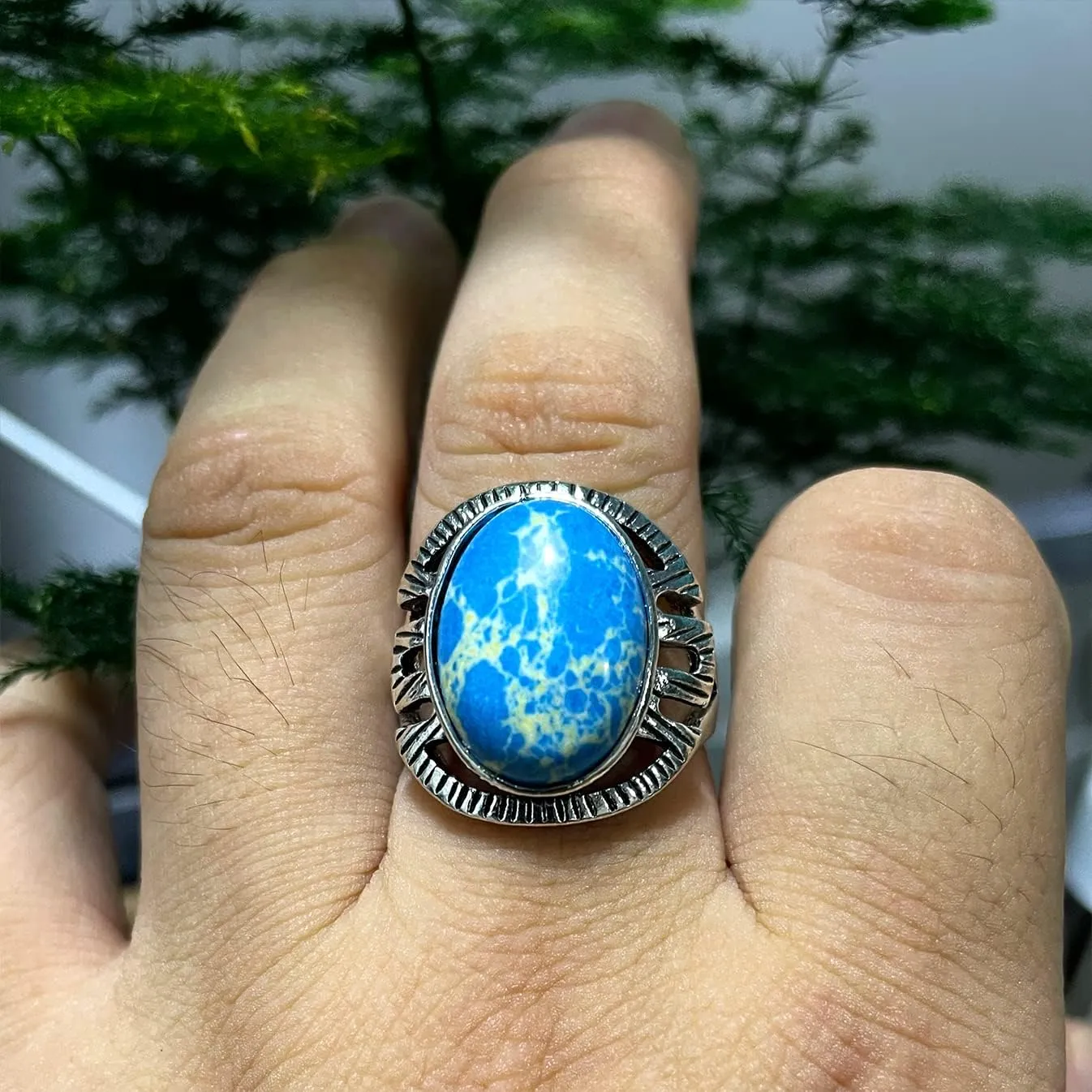 Turquoise Stone Ring for Women Men,Retro Vintage Thick Silver Plated Handmande Gemstone Western Ring Jewelry