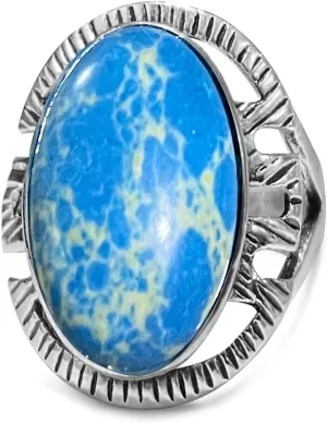 Turquoise Stone Ring for Women Men,Retro Vintage Thick Silver Plated Handmande Gemstone Western Ring Jewelry