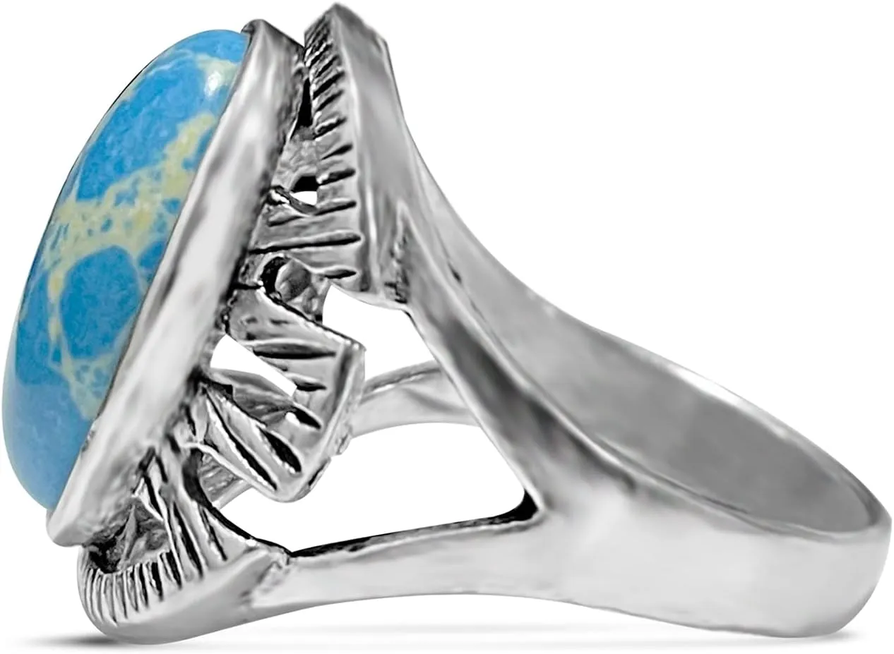 Turquoise Stone Ring for Women Men,Retro Vintage Thick Silver Plated Handmande Gemstone Western Ring Jewelry