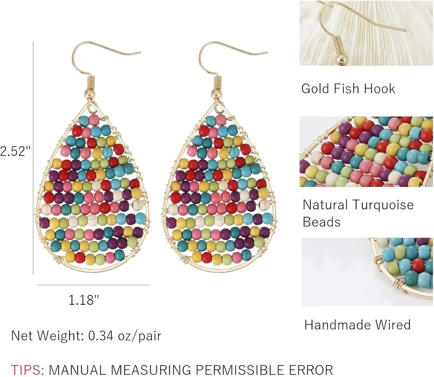 Turquoise Teardrop Earrings, Boho Colorful Beads Gold Hoop Earrings for Women Bohemian Jewelry