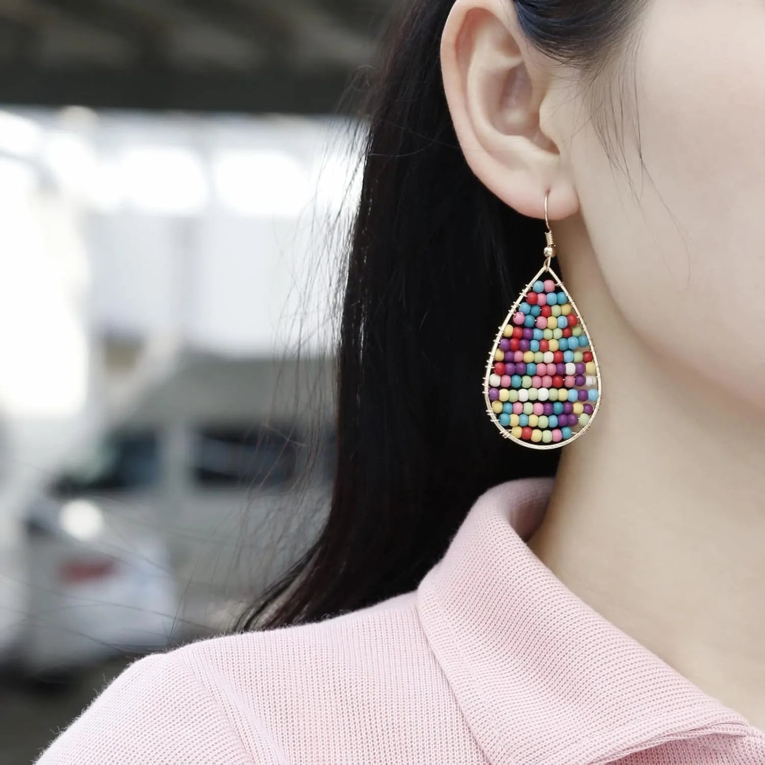 Turquoise Teardrop Earrings, Boho Colorful Beads Gold Hoop Earrings for Women Bohemian Jewelry